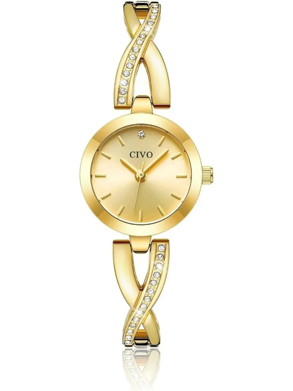 Women's All Gold Rhinestone Bangle Stainless Steel Dainty Elegant Wrist Watches